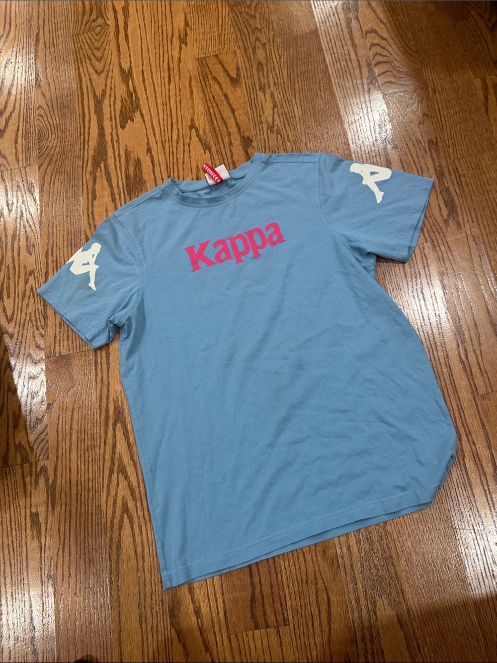 Kappa Light Blue Tee with Pink Logo and Cream Sleeve Accents